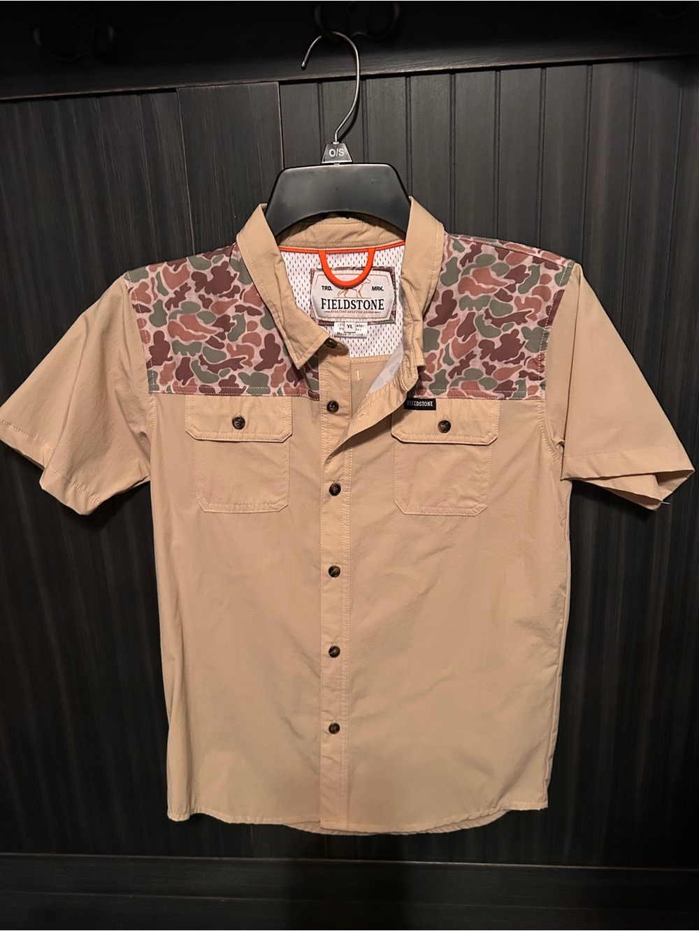 Boys Tan Short-Sleeve Button Shirt with Camouflage Yoke